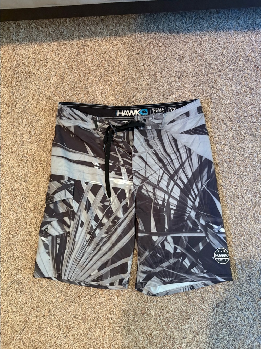 Tony Hawk Black & Gray Palm-Print Men's Swim Board Shorts